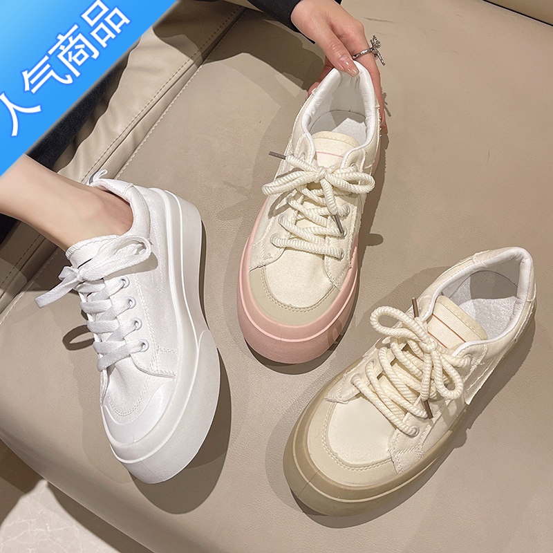 SUNTEK粉色小白鞋女小众设计厚底板鞋2023春夏季新款百搭学生百搭帆布鞋高清大图
