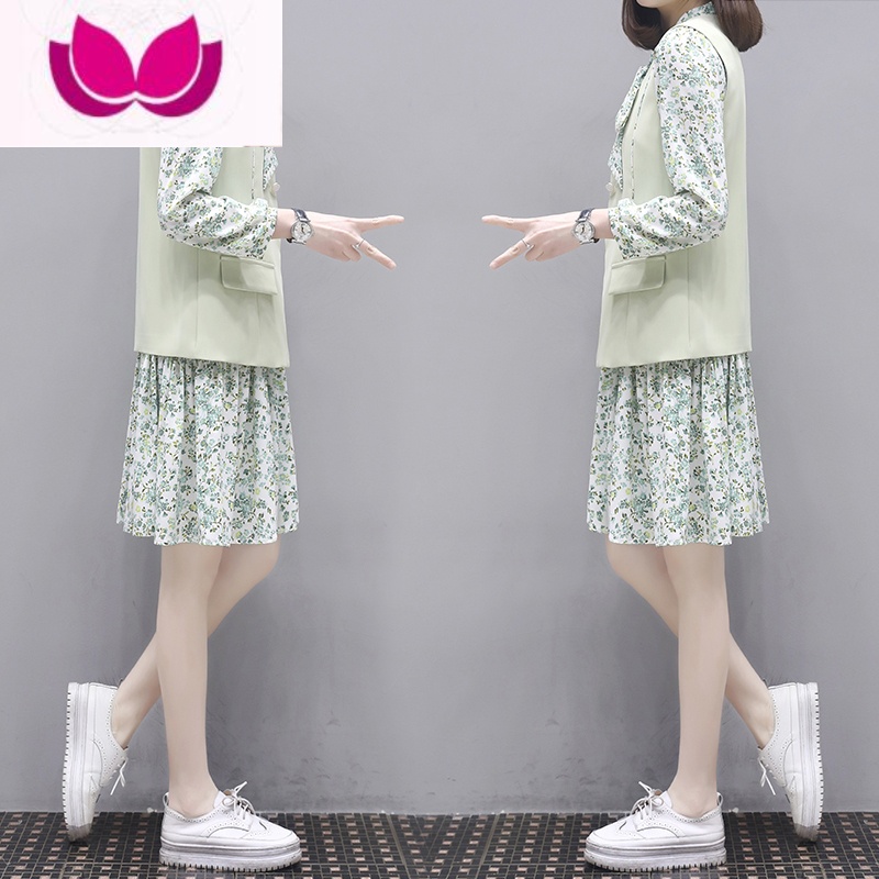 七斓马甲套装裙女装2023年春季休闲宽松外套韩版雪纺碎花连衣裙套高清大图