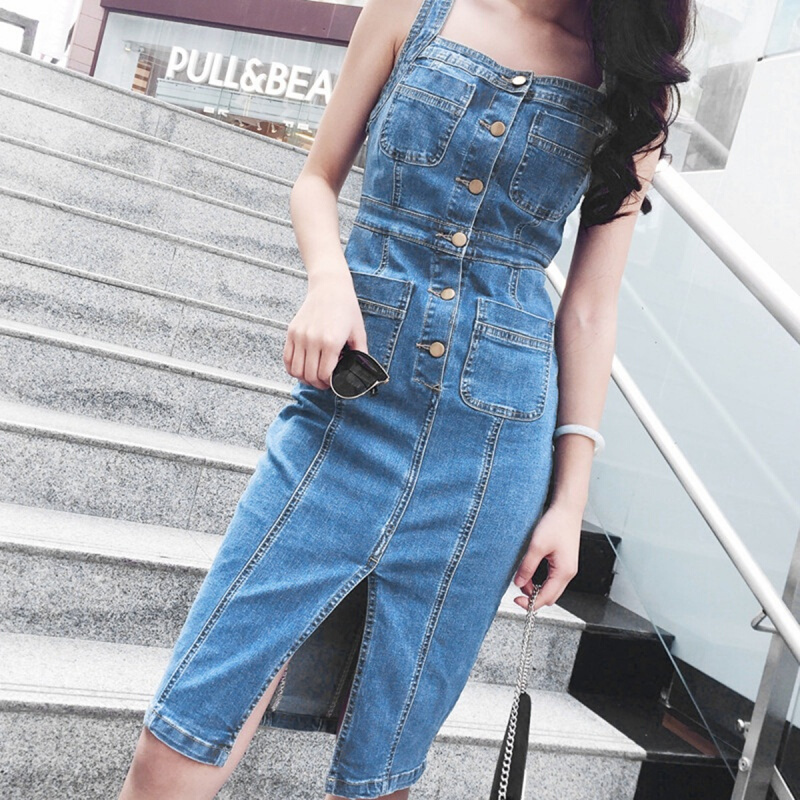 牛仔背带裙中长款夏女修身单排扣开叉包臀高腰显瘦连衣裙蓝色