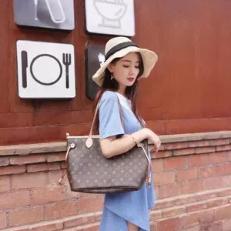 包包女2021新款欧美时尚大容量老花购物袋子母托特印花手提单肩包 米色挂钩款