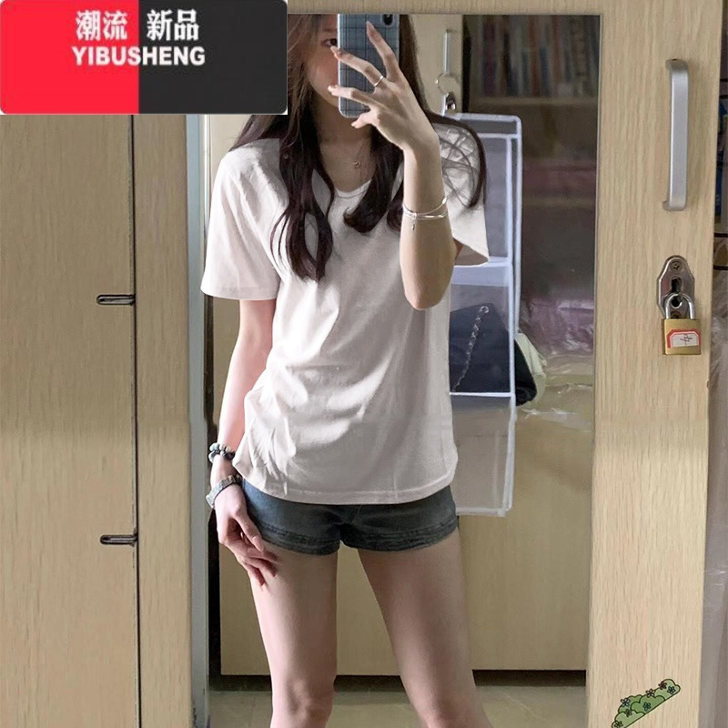 YIBUSHENG正肩V领纯色短袖T恤女韩版潮宽松显瘦百搭半袖上衣简约休闲体恤
