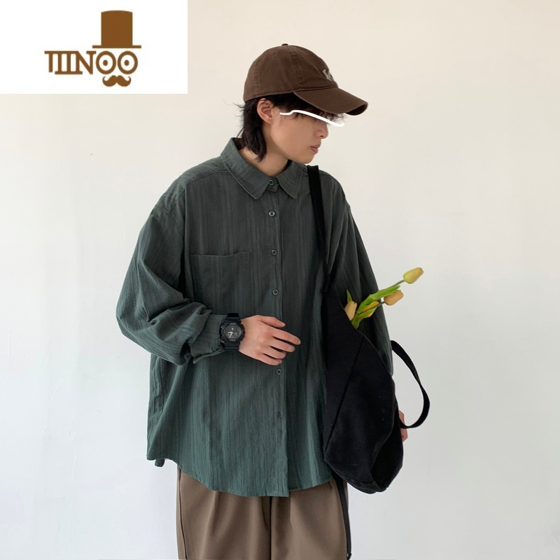 YANXU几物jiwuus日系复古褶皱衬衫男女休闲宽松纯色长袖衬衣外套i高清大图
