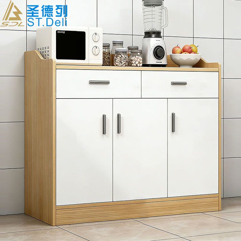 鑫金虎 简约现代餐边柜厨房储物柜北欧风碗柜家用茶水柜 浅胡桃白90cm图片