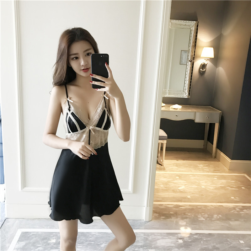 夏季性感带睡裙女露背蕾丝黑色睡衣夏小胸情趣夏天冰丝裙子