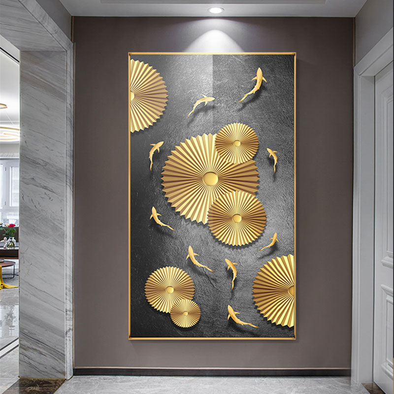 美帮汇现代简约九鱼图装饰画轻奢客厅玄关过道竖版壁画挂画高清大图