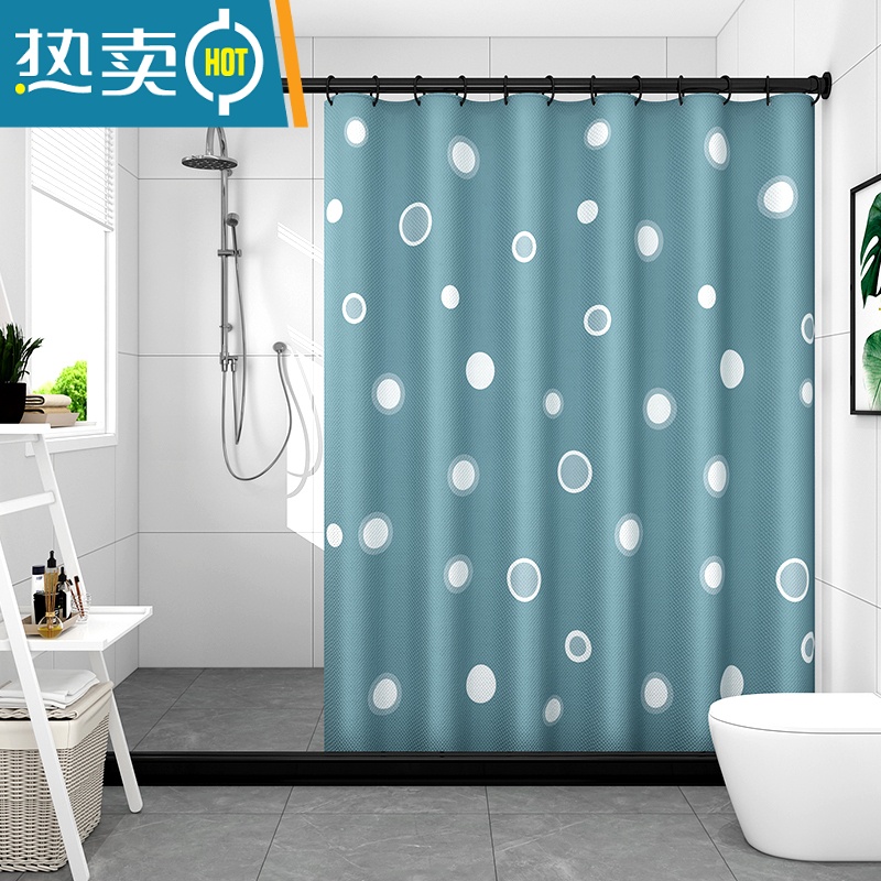 敬平磁吸浴帘卫生间浴室窗帘防水布淋浴隔断挡水套装免打孔洗澡帘 涤纶蓝色圈圈 单帘无杆帘宽150*高180厘米