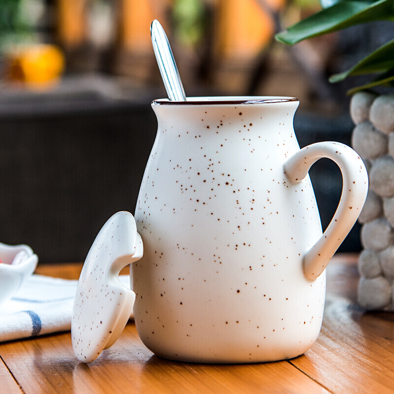 亿嘉IJARL 简约复古牛奶杯情侣马克杯咖啡杯带盖带勺早餐杯办公杯水杯子 满天星