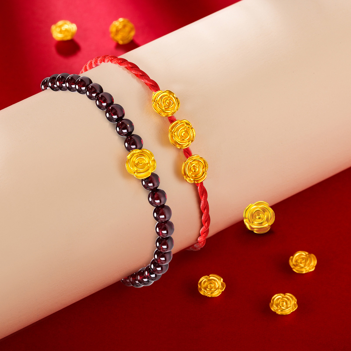 seaza喜钻 3d硬金足金999浪漫玫瑰花黄金手链红绳手绳 参数