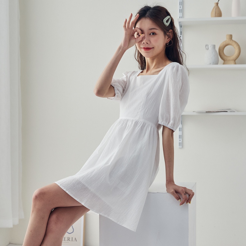 【2.5折价84元】唐狮连衣裙女夏季法式方领泡泡袖连衣裙时尚百搭短裙