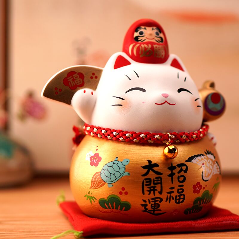 日本猫达摩大号存钱罐开业升职生日结婚可爱摆件 三维工匠 福扇大号(/健康)&高14CM(储蓄罐)猫高清大图
