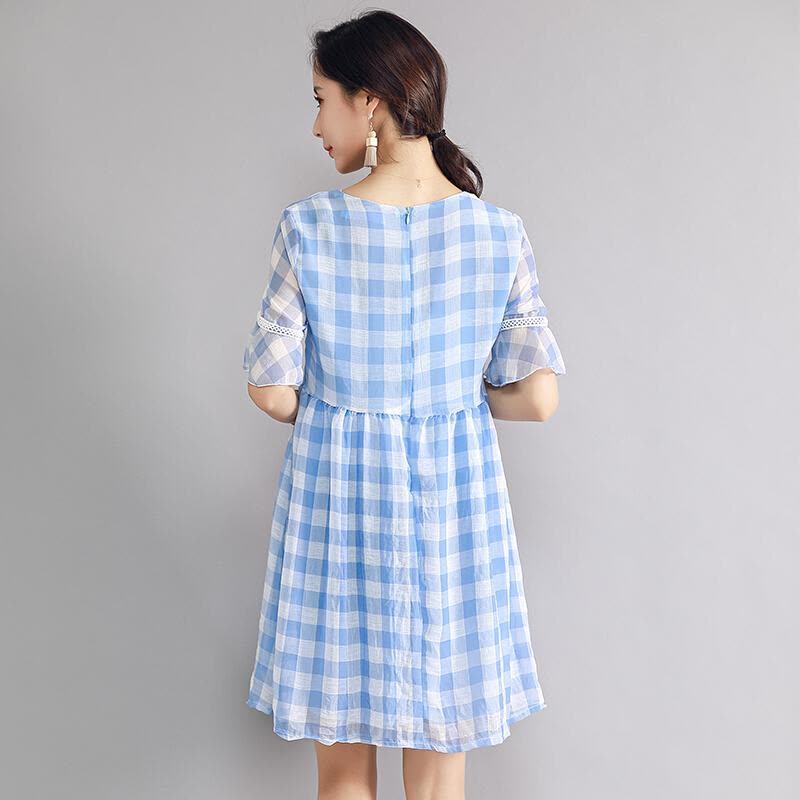 迪鲁奥(DILUAO)孕妇装夏孕妇连衣裙 夏季天女装潮妈怀孕妇装中长款格子连衣裙孕妇裙B309-19.9 蓝色图片