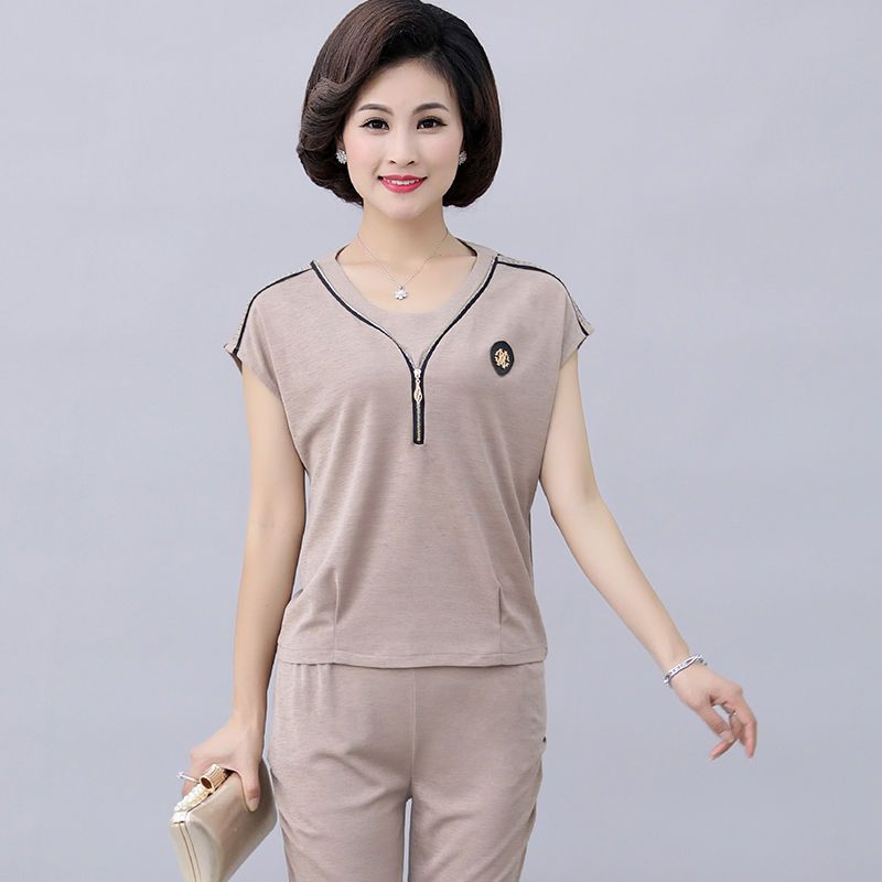 中老年女装套装4050岁妈妈装夏装短袖中老年夏季上衣大码宽松t恤