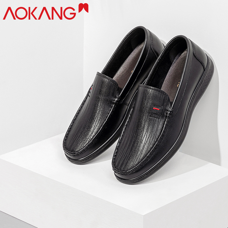 奥康皮鞋男新款休闲皮鞋男士牛皮套脚豆豆鞋男潮流乐福鞋