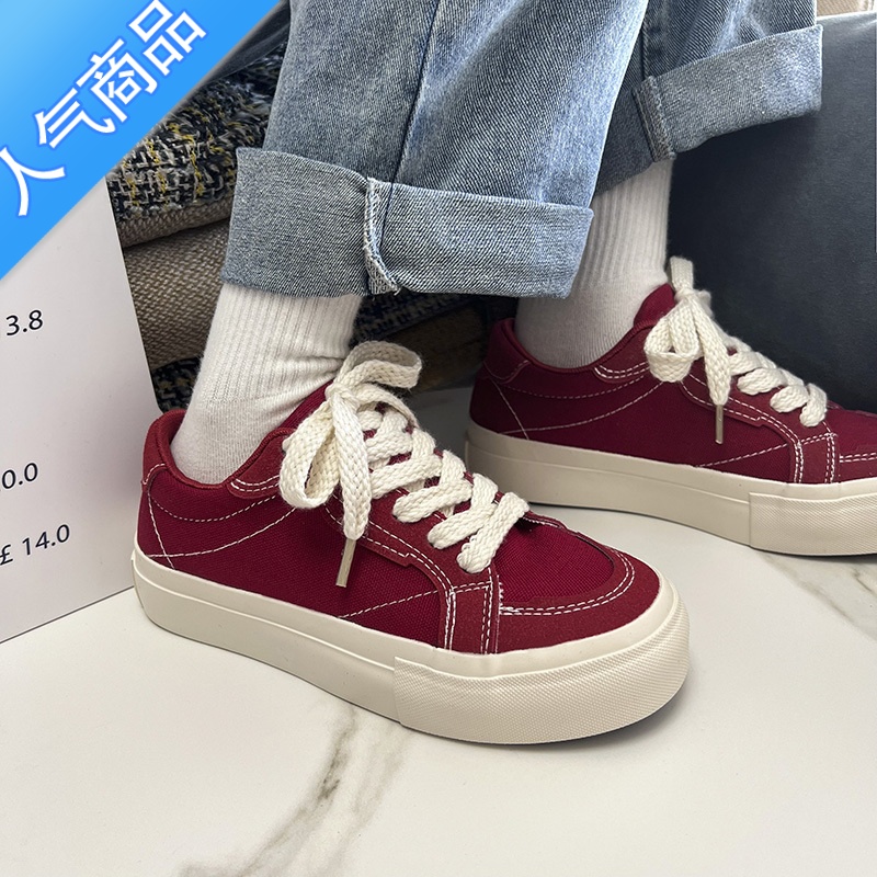SUNTEK卷毛高 红色厚底帆布鞋女2023新款夏季百搭板鞋子学生潮小众设计高清大图