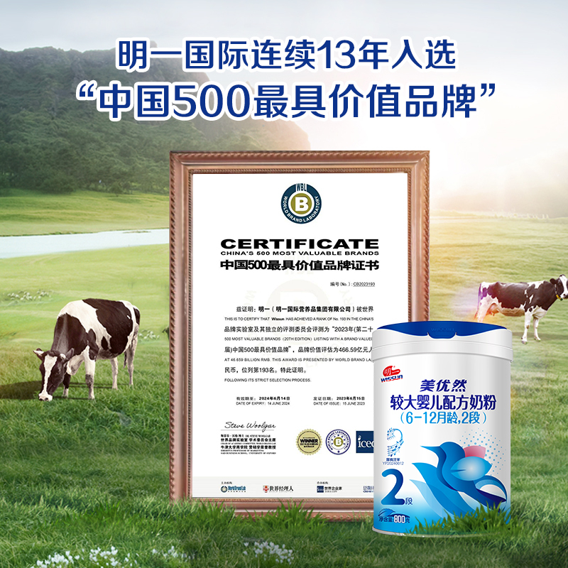 明一(wissun)[购2获3]美优然2段 婴幼儿配方牛奶粉 适合6-12月 罐装800g