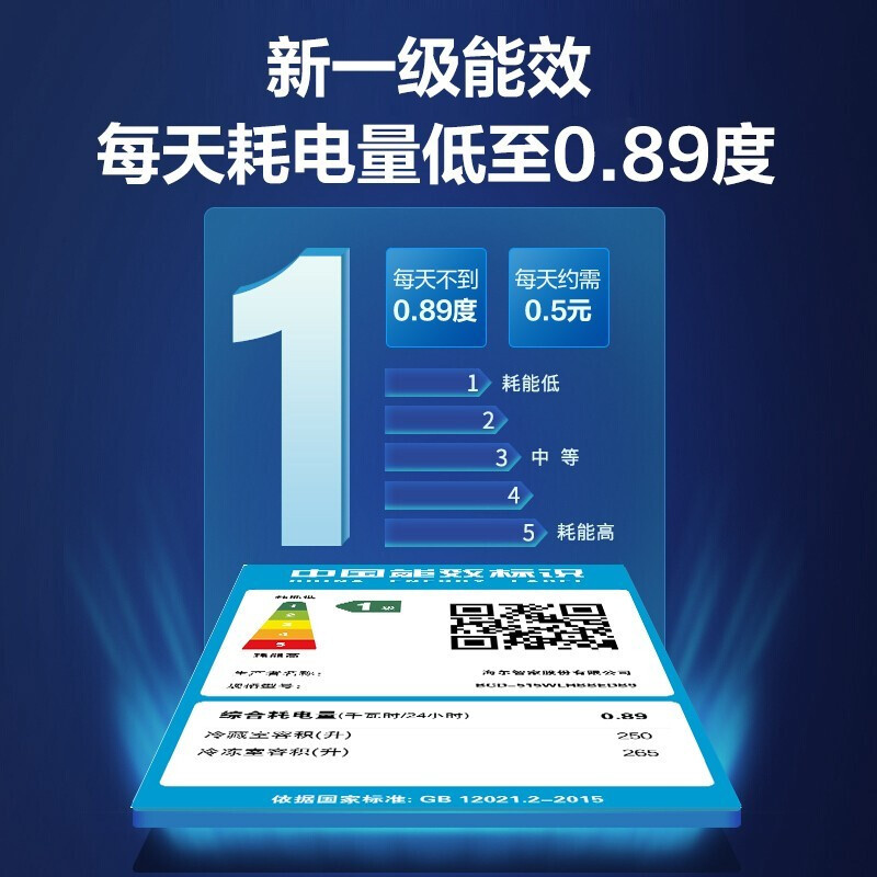 海尔515升冰箱双门对开门两门 一级能效双变频风冷无霜265L大冷冻空间黑金净化抗菌超薄家用节能电冰箱