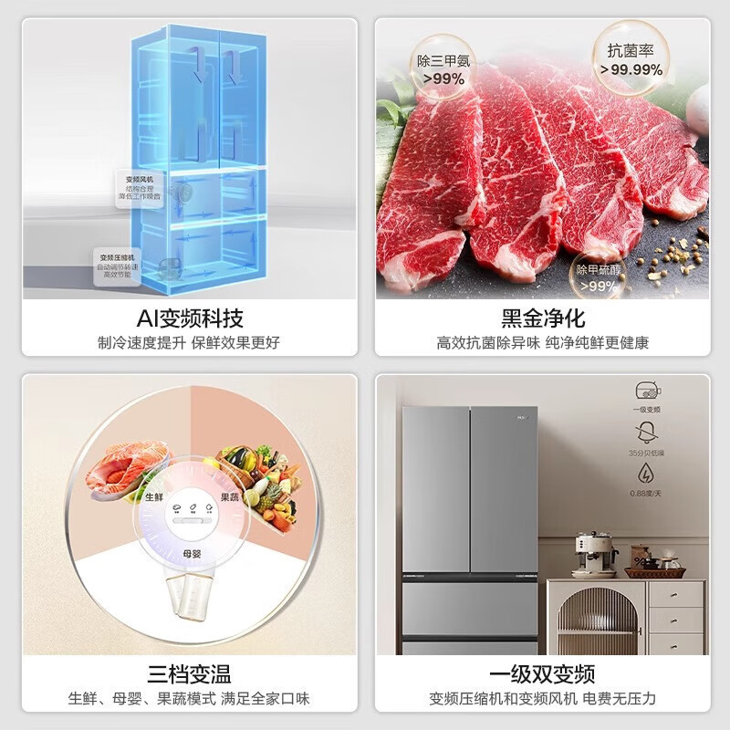 海尔(Haier)BCD-500WGHFDEDH9U1 500L法式超薄冰箱2025年新款一级能效节能风冷无霜家用电冰箱