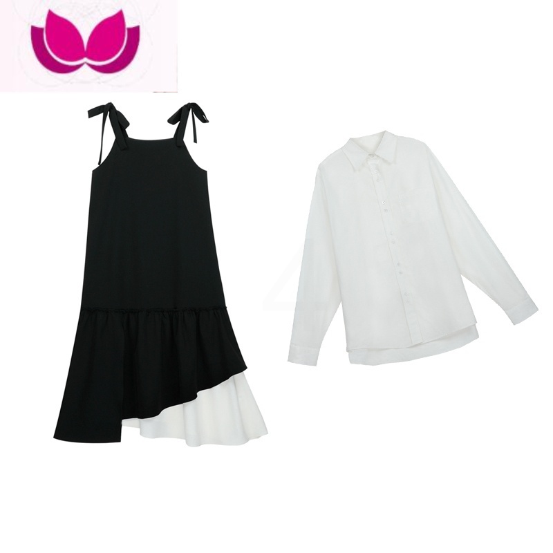 七斓赫本小黑裙套装长款法式裙子套吊带拼接黑白连衣裙女新款高清大图