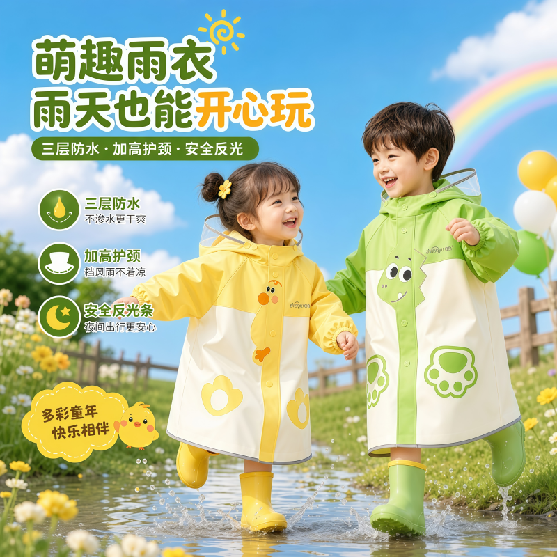 正雨儿童雨衣加厚防暴雨男童女童宝宝户外玩水幼儿园小学生上学9063高清大图