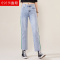 逸阳2020春新款牛仔直筒裤女毛边裤脚时尚侧边条宽松显瘦九分裤子