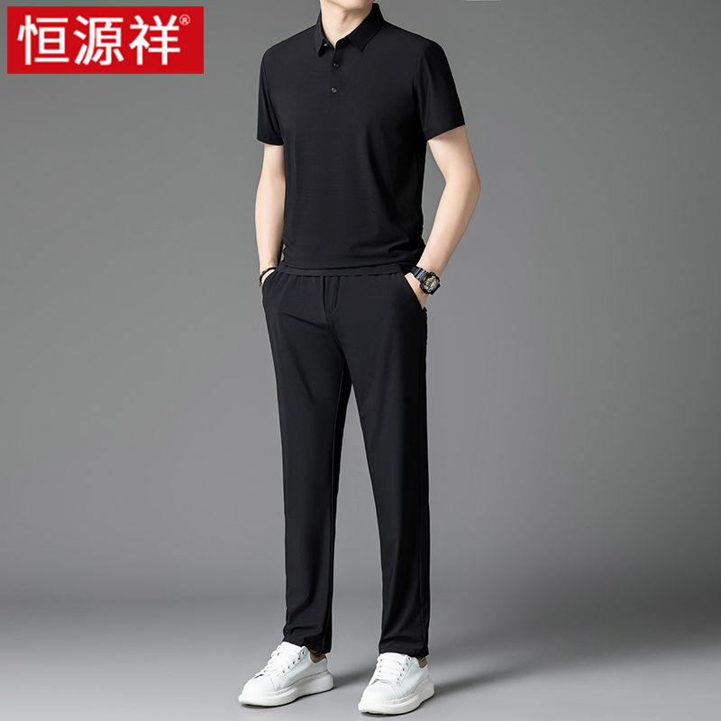 恒源祥中年爸爸套装夏季2025新款老年休闲运动冰丝短袖t恤T两件套高清大图