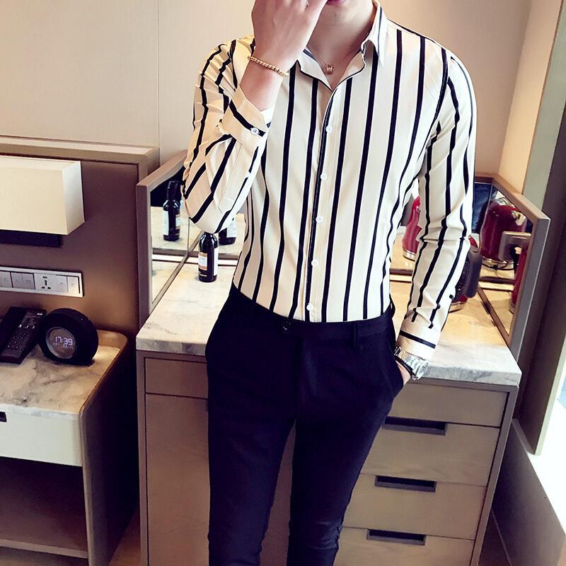 个潮男条纹衬衫衣型师衬衣男长袖修身韩版百搭帅气
