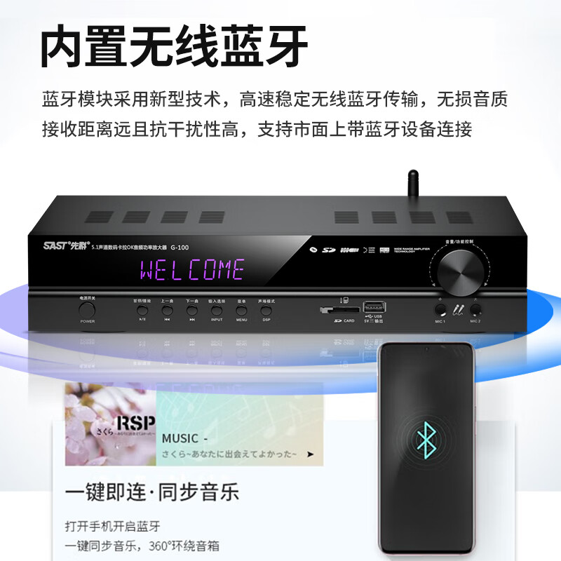 先科(SAST)G-100 功放机 家庭影院5.1声道AV功放机 高保真无线蓝牙家用卡拉ok功放高清大图