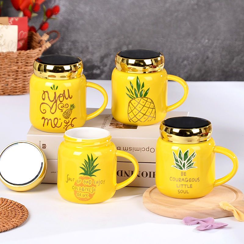 黄色水果ins陶瓷杯学生夏天大容量450ml带盖水杯创意杯子办公室杯