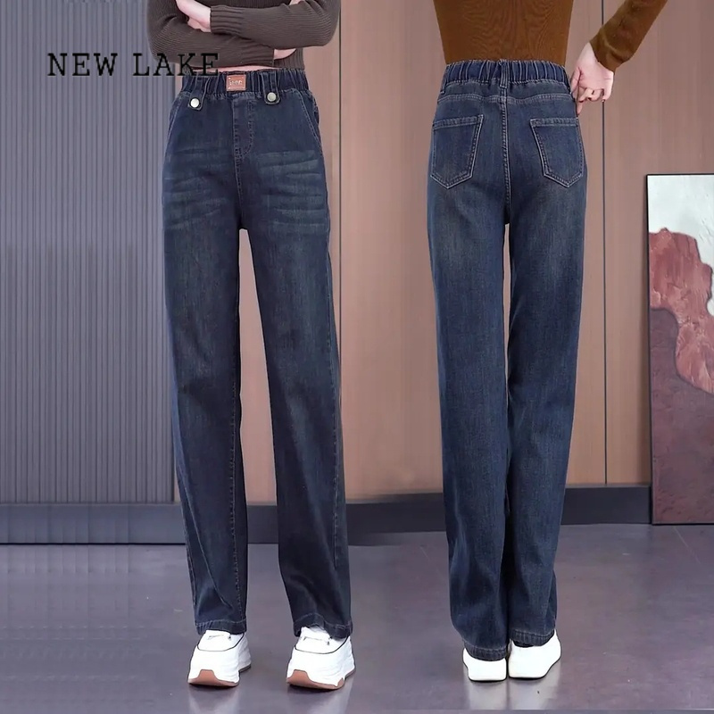 lake直筒牛仔裤女2024春季新款高腰显瘦窄版阔腿裤松紧腰弹力大码女裤