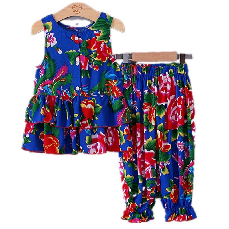 儿童人造棉裙套装幼儿棉绸家居服夏季女童吊带裙灯笼裤日常穿服装