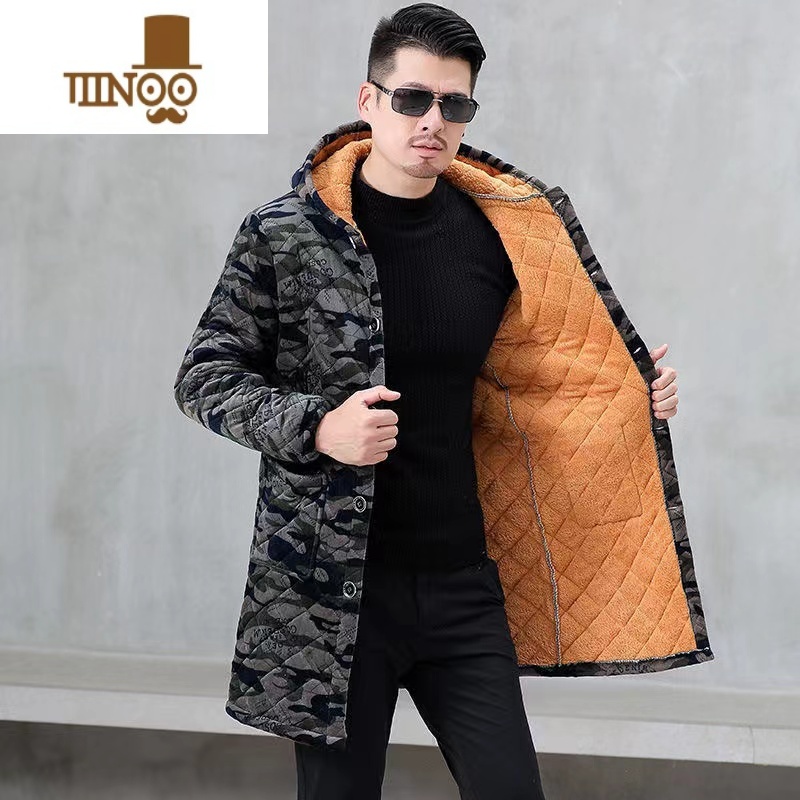 YANXU长款棉衣外套男加绒加厚罩衣连帽工作服大褂宽松大码厚大衣 5号色老迷彩 5XL160-210