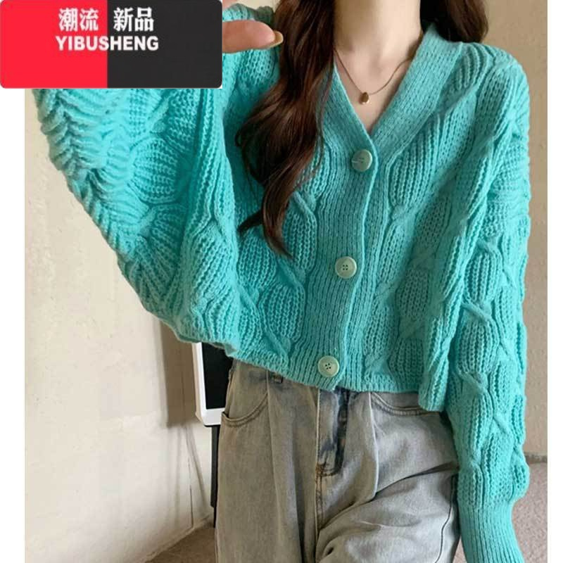 yibusheng麻花毛衣女2023新款女装宽松小个子短款针织开衫女士v领外套