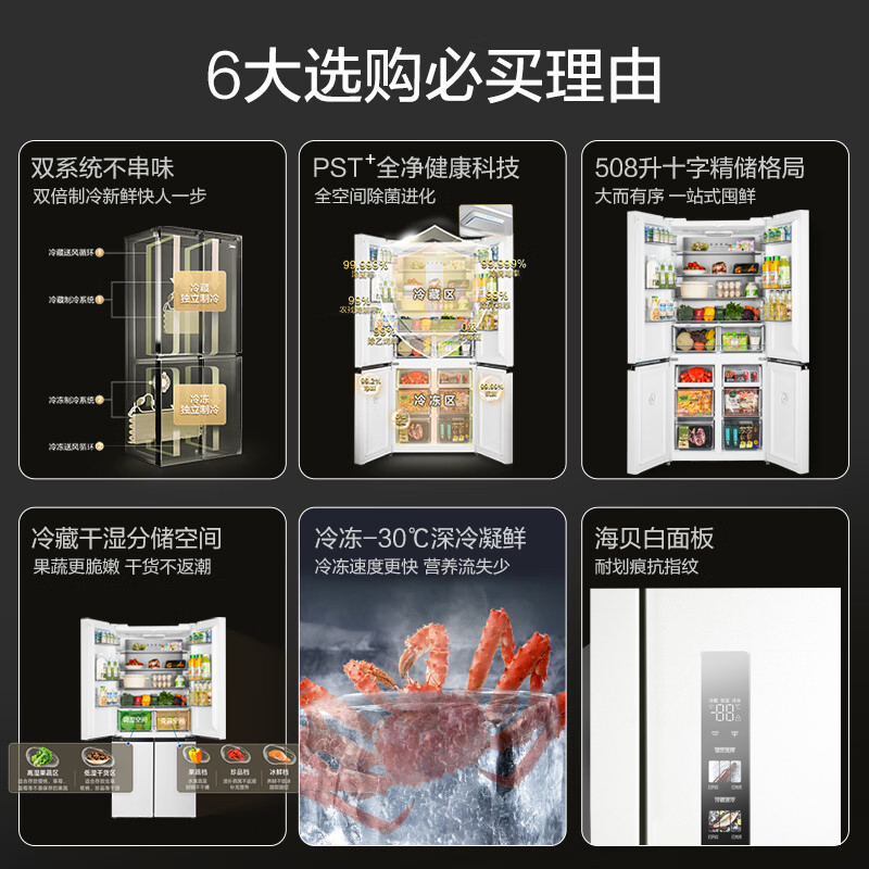 [自营]美的冰箱508净味十字对开门双系统双循环一级能效除菌大容量冰箱BCD-508WSPZM(E)海贝白以旧换新高清大图