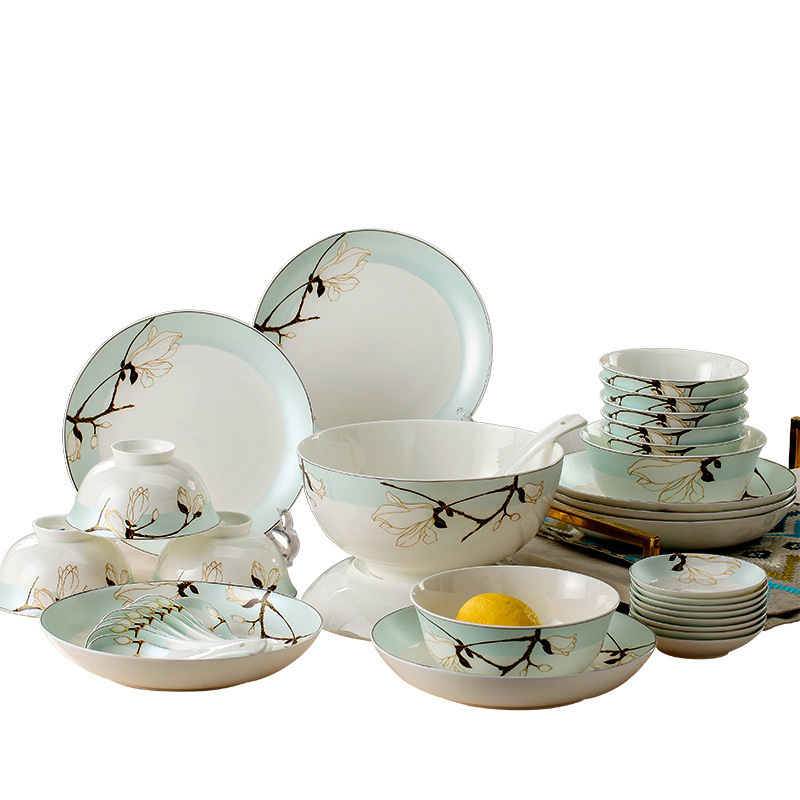 lichen 餐具套装陶瓷碗碟套装骨瓷简约盘子碗具36头木棉花玉兰花餐具