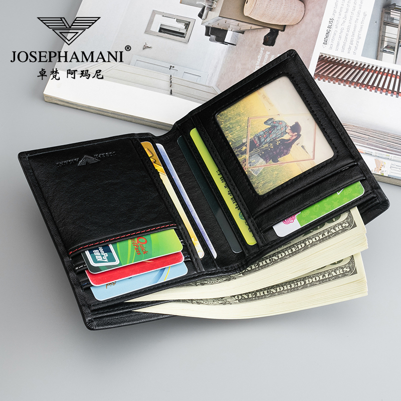 卓梵 阿玛尼(josephamani)短款男士钱包 横款黑色真牛皮钱夹长款 正品竖款商务男包头层牛皮卡包