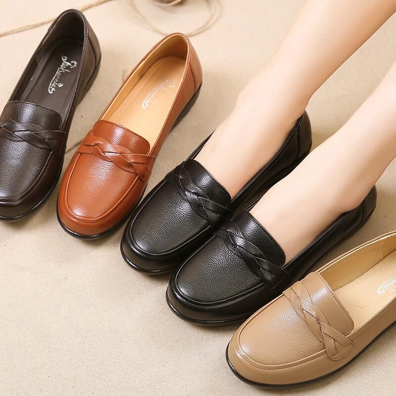 旺奈wangnai妈妈鞋真皮软底单鞋女春秋中老年皮鞋平底浅口老年人女士