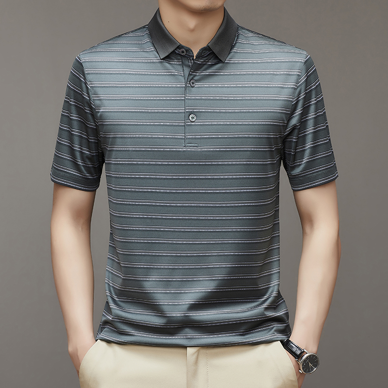 2024年夏季桑蚕丝翻领Polo衫条纹商务休闲男士真丝短袖 T恤薄款纯真丝T恤衫 新豆绿 180/96A