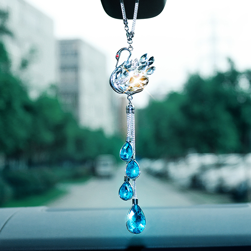 汽车天鹅挂件车内吊饰女士装饰车载水晶内饰品吊坠挂饰后视镜 樱花粉