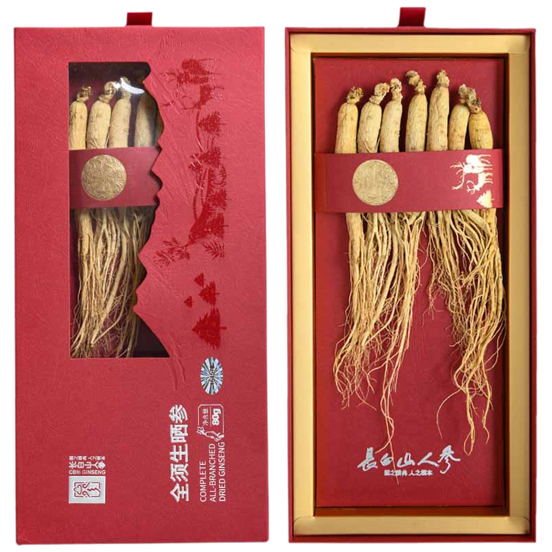 长白山人参生晒参皮老纹深皂苷丰富肉质紧密子须茂密礼盒80g
