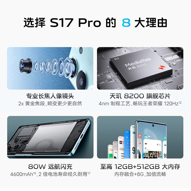 vivo S17 Pro 12GB+256GB 山海青 天玑8200 5G芯 5000万广角柔光 后置智慧柔光环 1.5K超视网膜屏 80W快充 拍照 手机