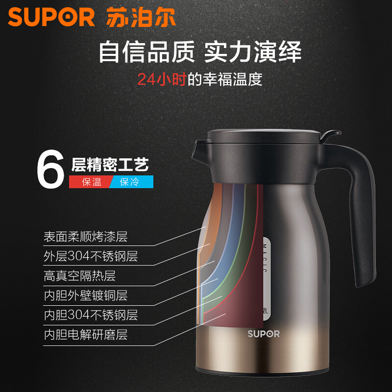 苏泊尔(SUPOR)极光保温壶KC23BW1真空保温水壶304不锈钢家用保温瓶热水瓶欧式大容量暖壶2.3L家用壶保温壶