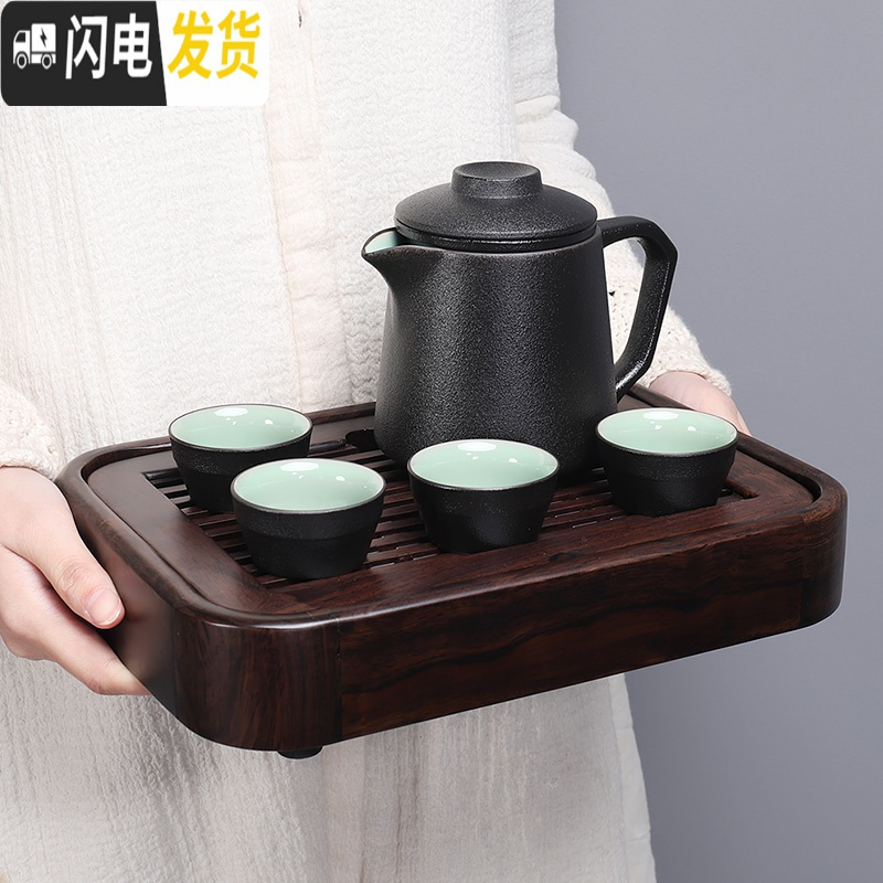 三维工匠黑檀木茶台家用小茶台鸡翅木小茶盘实木家用功夫储水式干泡盘 黑檀木小盛水茶盘+莲瓣纹(黑)茶叶罐4件套茶具