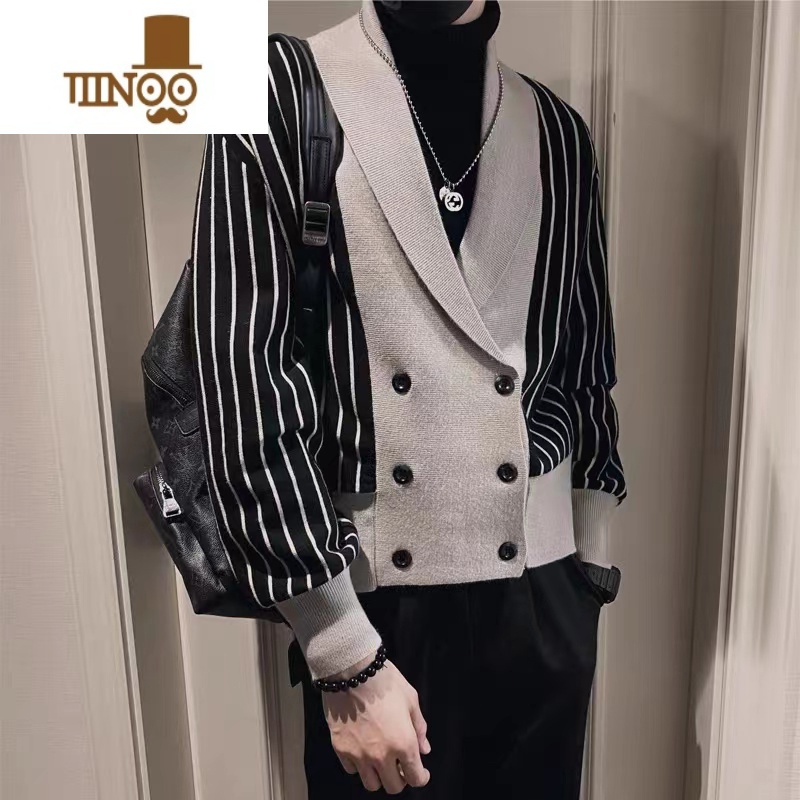 YANXU感假开衫毛衣男韩版潮流小众设计感条纹修身针织衫外套潮高清大图