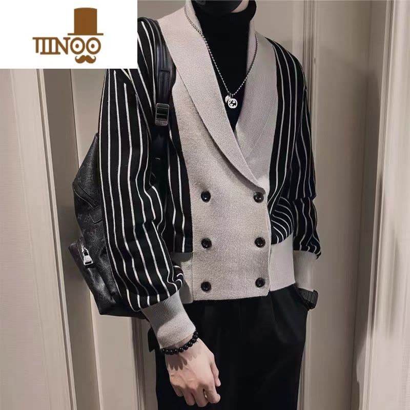 YANXU感假开衫毛衣男韩版潮流小众设计感条纹修身针织衫外套潮图片