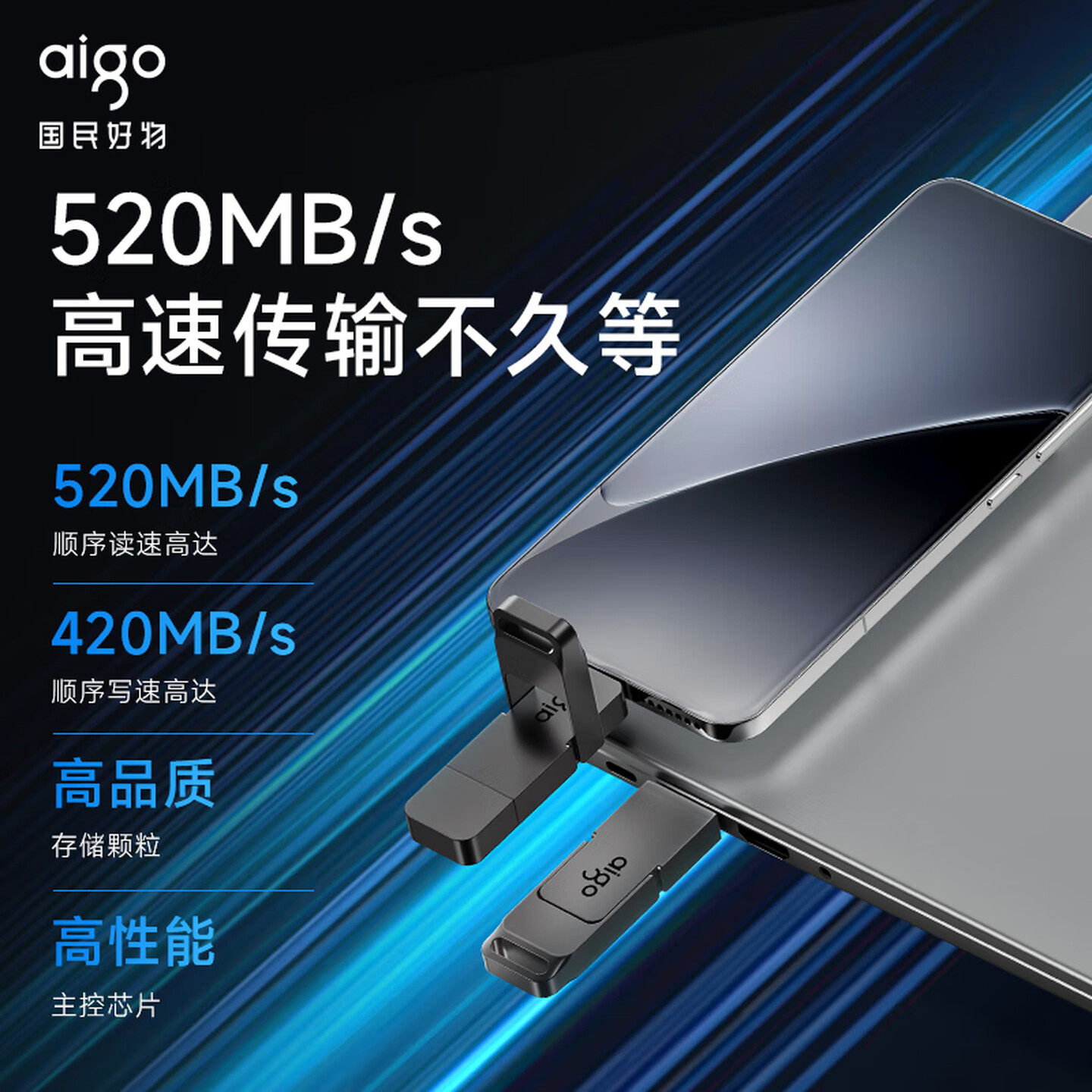 爱国者(aigo)256GB 固态U盘 双接口手机电脑两用U盘 Type-C/USB3.2 G50大容量高速优盘高清大图