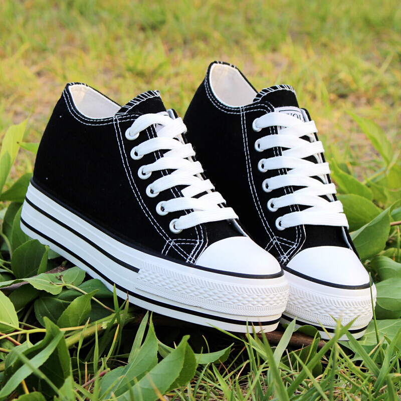 新款春夏低帮黑白色帆布鞋女鞋子韩版潮平底休闲单鞋板鞋内增高布鞋女
