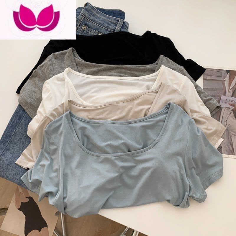 七斓基础款垂感方领莫代尔短袖T恤女修身显瘦短款打底衫上衣夏季薄款图片