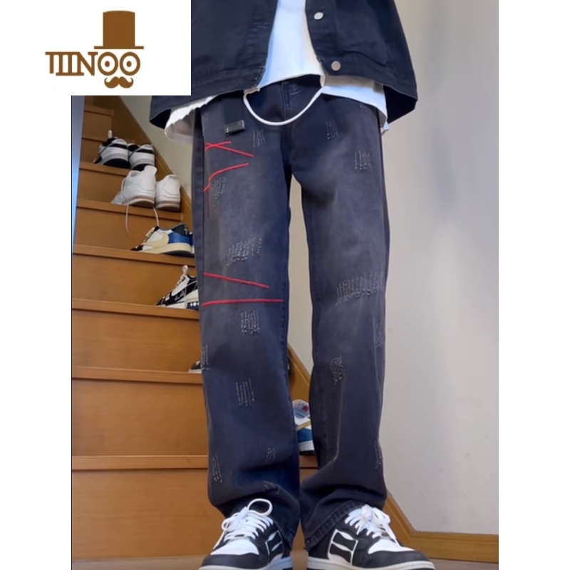 YANXU刺绣复古牛仔裤男四季网红美式高街做旧宽松直筒ins潮百搭长裤直 3XL 黑色+腰带四线红绳牛仔裤