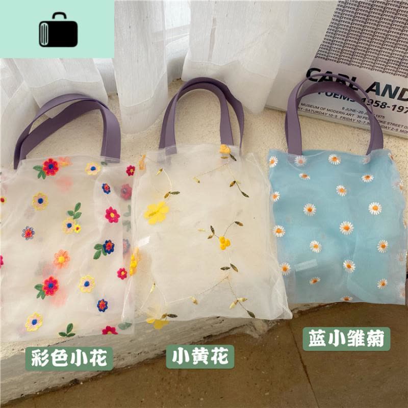 夏季2020新款小清新刺绣花朵透视网纱手提沙滩袋购物小包少女包包NEW LAKE女手包图片