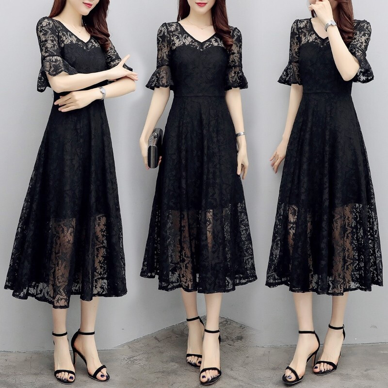 v领a字蕾丝小黑裙碎花收腰显瘦连衣裙子女夏2018新中长款韩版气质